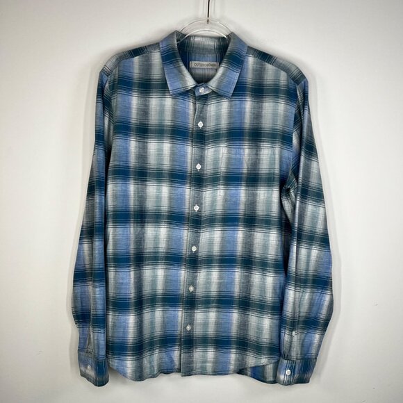 Outerknown Highline Shirt Cotton & Linen Blend Blue Plaid Size Large - Picture 1 of 10